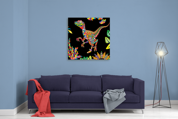 A modern living room with a navy blue sofa, red and gray blankets, and a geometric floor lamp. Above the sofa on the blue wall hangs the Velociraptor Zentangle Canvas Wrap by Jurassic Studio as vibrant dinosaur wall art.
