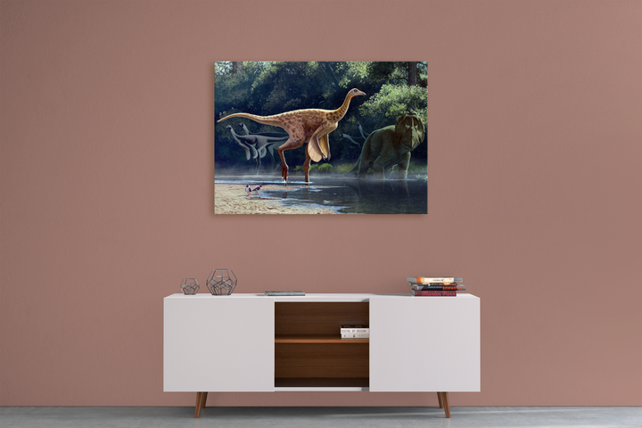 A Rativates Canvas Wrap by Jurassic Studio hangs on a mauve wall above a modern white console with open shelves holding books and decor.