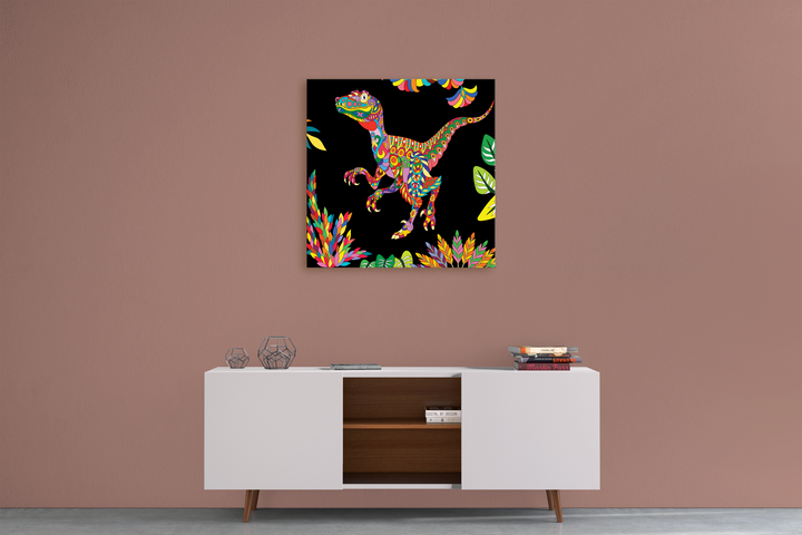 The Velociraptor Zentangle Canvas Wrap by Jurassic Studio, featuring vibrant abstract patterns, hangs on a mauve wall above a modern white cabinet with wood accents and decor.