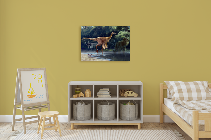 A children’s bedroom with yellow walls, a small bed, a cubby shelf with baskets, an easel displaying a child’s drawing, and the Jurassic Studio Rativates Canvas Wrap dinosaur wall art hanging above the shelf.