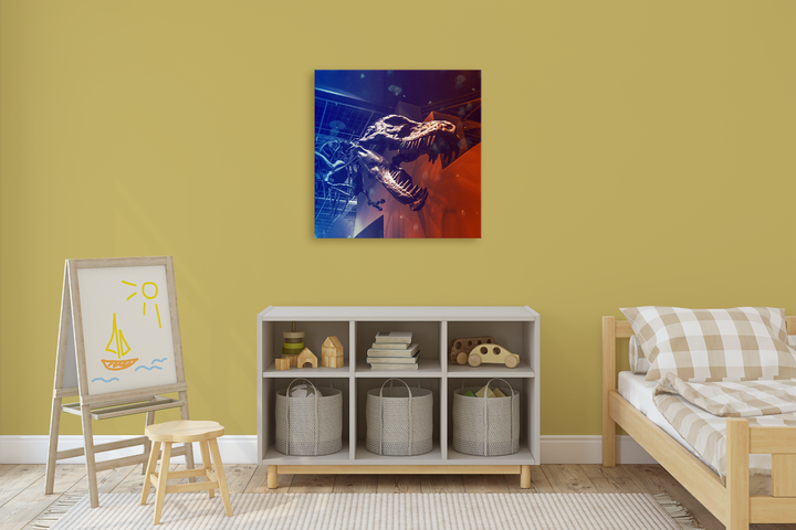 A child’s yellow-walled bedroom features a bed with plaid bedding, a small shelf with baskets and toys, and the Jurassic Studio T-Rex Skeleton Canvas Wrap in bold blue and orange tones displayed above the shelf.