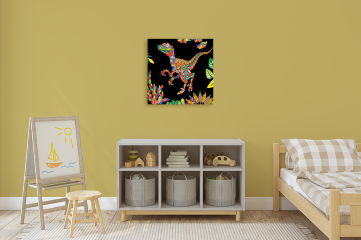 A children’s room with a yellow wall, small bed, and shelf with baskets features the Velociraptor Zentangle Canvas Wrap by Jurassic Studio above the shelf and a child’s sailboat and sun drawing on an easel.