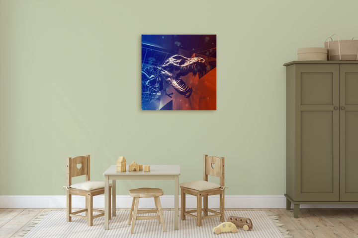 A children’s playroom with a small table and chairs, wooden toys, a green cabinet, and the Jurassic Studio T-Rex Skeleton Canvas Wrap adds vibrant dinosaur style to a light green wall and sparks creativity.