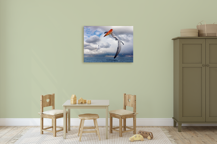 A children’s playroom with two wooden chairs, a toy table, a green wardrobe, and the Jurassic Studio Azhdarcho Flying Canvas Wrap adds unique prehistoric dinosaur art to the space.