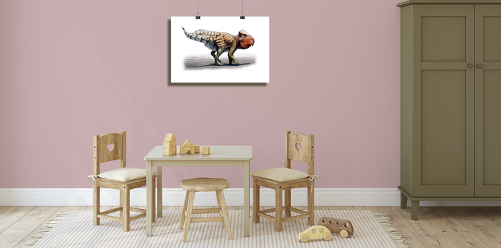 A children’s room with a small table, two chairs, a stool, wooden toys, a rug, an olive-green wardrobe, and the Jurassic Studio Udanoceratops Poster as dinosaur artwork on the mauve wall.