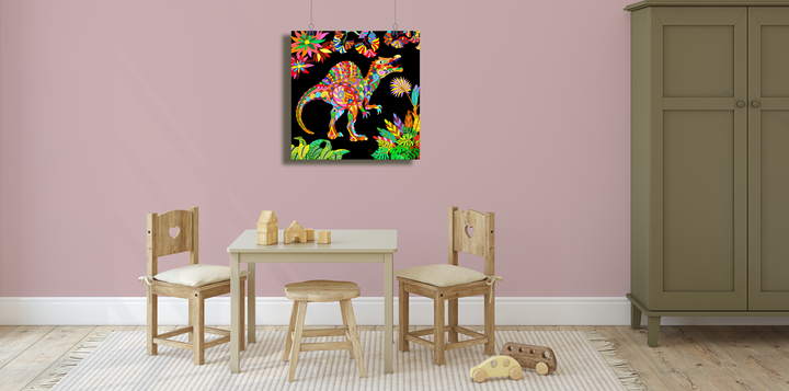 A children’s playroom with a small table, three wooden chairs, toys, a rug, an olive green wardrobe, and the Spinosaurus Zentangle Poster by Jurassic Studio displayed on a pink wall.