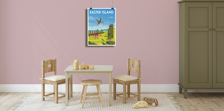 A small childrens playroom with a table, two wooden chairs, a toy truck, and wooden blocks. The pink wall displays the Jurassic Studio Easter Island Poster with Moai statues, birds, and playful dinosaur artwork as a canvas poster.