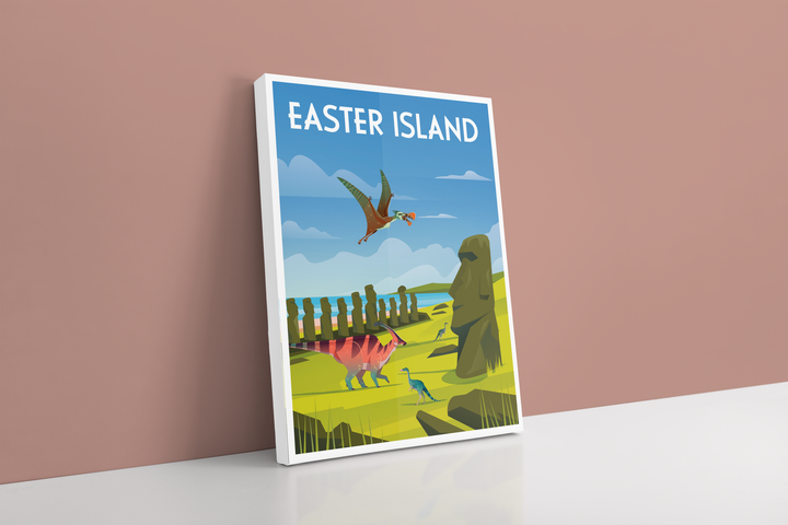 The Easter Island Canvas Wrap by Jurassic Studio features cartoon dinosaurs and Moai statues on green hills under a blue sky with EASTER ISLAND at the top—playful framed wall art perfect for any space.