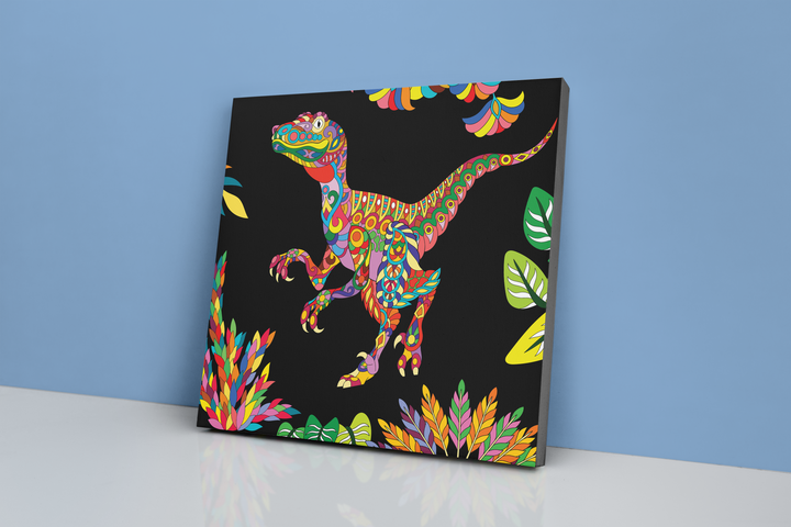 The Velociraptor Zentangle Canvas Wrap by Jurassic Studio features a colorful, abstract dinosaur with vibrant red, green, yellow, blue, and pink patterns on a black background—perfect wall art for any room.
