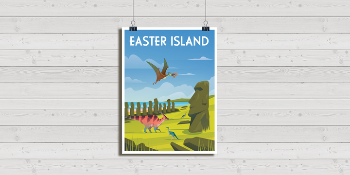 The Easter Island Poster by Jurassic Studio displays moai statues, grassy hills, two dinosaurs, and a flying pterosaur under a blue sky—ideal artwork for dinosaur fans.