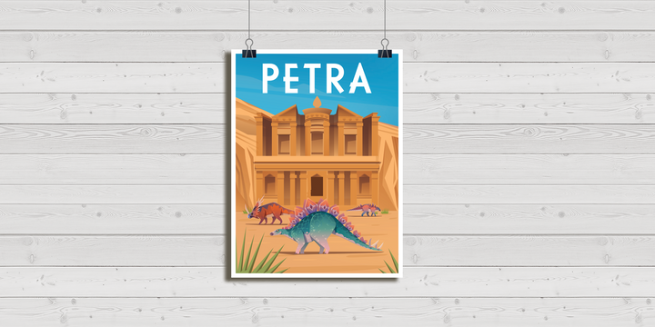 The Petra Poster by Jurassic Studio features vibrant dinosaurs, including a stegosaurus, before Petra’s glowing sandstone Treasury under a blue sky. The word PETRA is displayed at the top of this colorful artwork.
