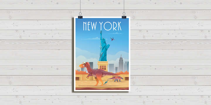 The New York Poster by Jurassic Studio showcases dinosaurs amid city icons like the Statue of Liberty and skyscrapers, blending prehistoric and urban scenes. The poster is displayed on a white wooden wall.