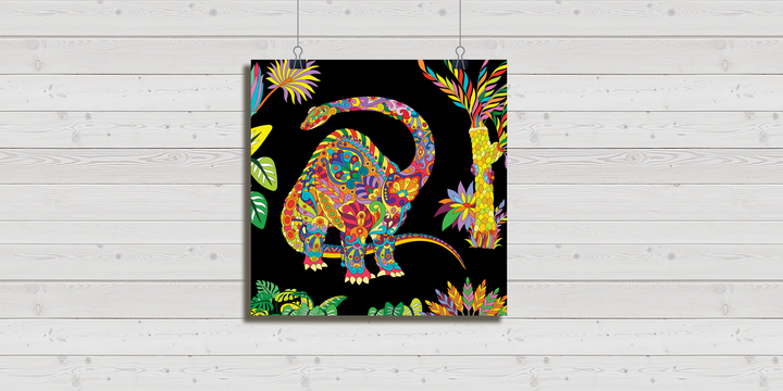 The Brontosaurus Zentangle Poster by Jurassic Studio features a detailed dinosaur surrounded by vibrant, patterned tropical plants on a black background, beautifully displayed as a hanging poster on a white wooden wall.
