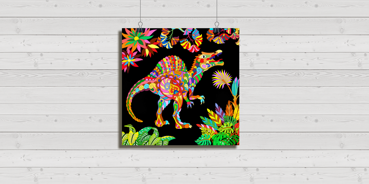 The Spinosaurus Zentangle Poster by Jurassic Studio features colorful, patterned dinosaur art with tropical leaves and flowers on a black background. Displayed on a light wooden wall, it showcases detailed and vibrant designs.