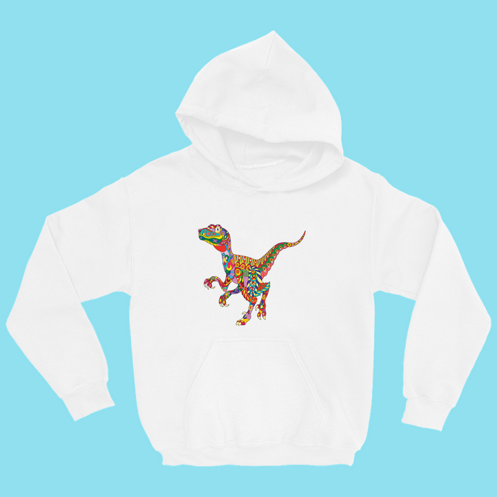 The Kids Velociraptor Zentangle Hoodie by Jurassic Studio features a vibrant velociraptor design on a white hoodie, set against a light blue background—a fun choice for dinosaur lovers.