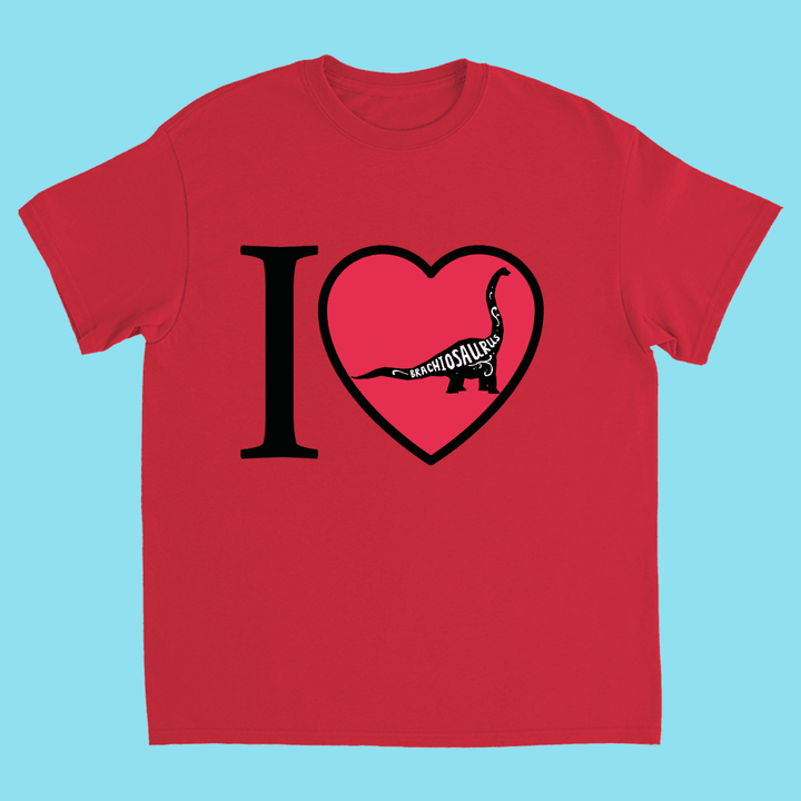 Kids I Love Brachiosaurus T-Shirt by Jurassic Studio features a red tee with I ♥ Brachiosaurus, the heart as a dino silhouette labeled Brachiosaurus, set on light blue. A perfect gift for young dinosaur fans!.