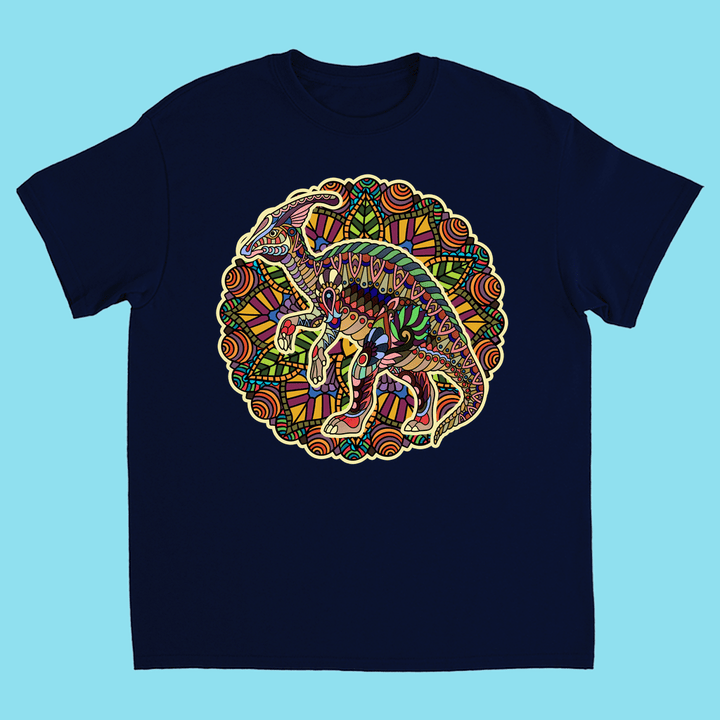 The Kids Hadrosaur Mandala T-Shirt by Jurassic Studio features a vibrant mandala-style dinosaur design in navy blue—an ideal gift for young dinosaur fans.
