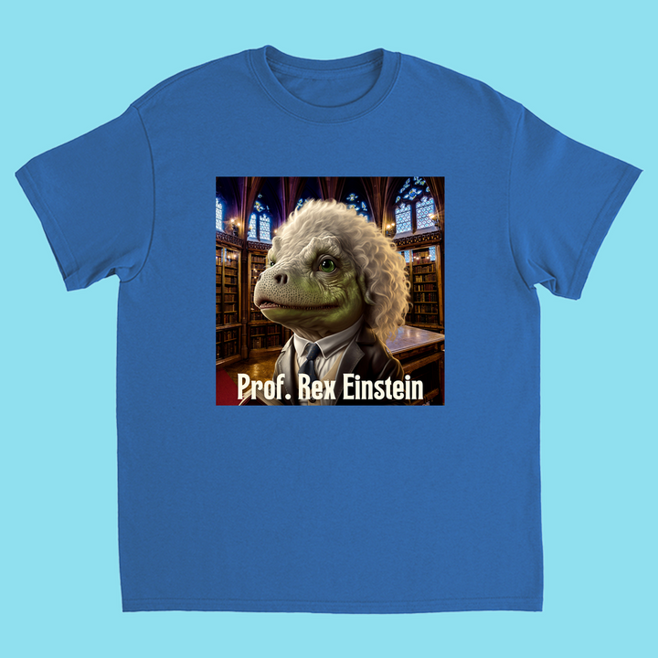 The Kids Prof. Rex Einstein Bond T-Shirt by Jurassic Studio features a wild-haired dino in a suit in a library with Prof. Rex Einstein text. Made from 100% cotton and available exclusively at Jurassic Studio.