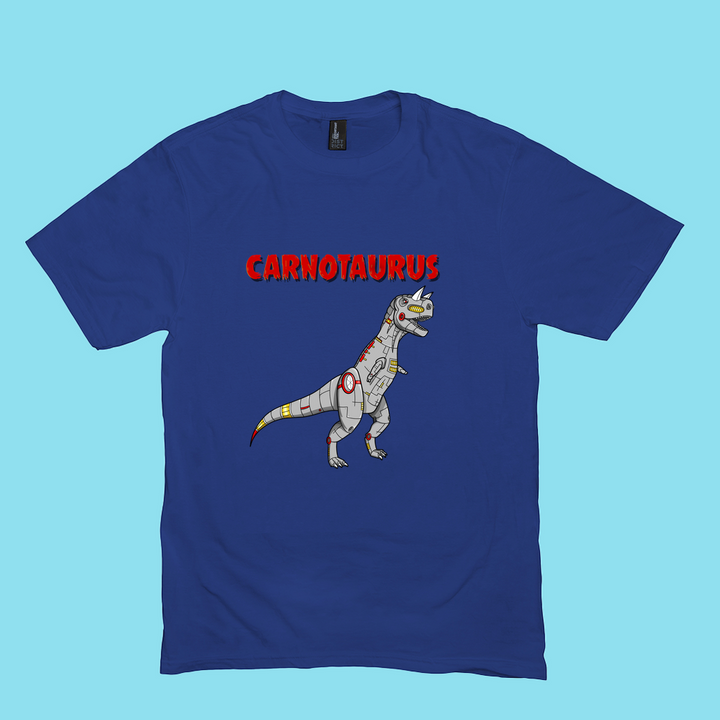 The Jurassic Studio Men Robot Carnotaurus T-Shirt features a blue tee with a cartoon gray and red robot dinosaur under bold red CARNOTAURUS text—an exclusive gift for any dinosaur fan.