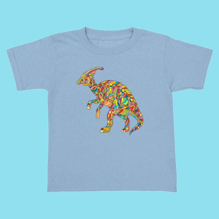 The Jurassic Studio Toddler Hadrosaur Zentangle T-Shirt is a light blue 100% cotton tee with a vibrant abstract parasaurolophus design—perfect for dinosaur fans or as a fun toddler gift.