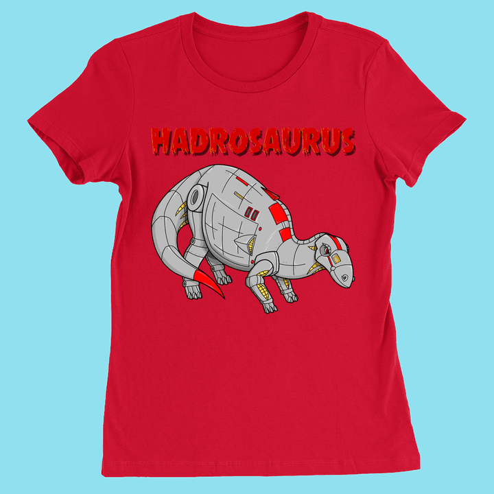 Jurassic Studio’s Women Robot Hadrosaur T-Shirt features a cartoon robotic Hadrosaurus with metallic parts and red accents on light blue—perfect for dino fans or as a unique gift.