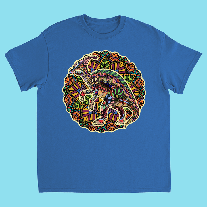 The Jurassic Studio Kids Hadrosaur Mandala T-Shirt features a vibrant dinosaur design with a mosaic-style stained glass background, making it a unique gift for dinosaur fans or anyone who loves fun, artistic tees.