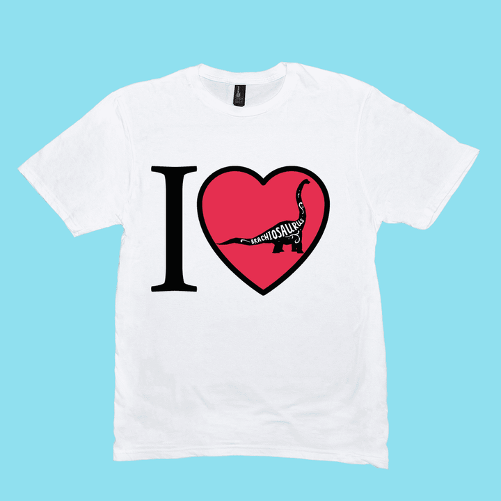 Display your dino pride in the Men I Love Brachiosaurus T-Shirt from Jurassic Studio. This exclusive tee features a heart and Brachiosaurus silhouette on light blue—perfect for any dinosaur fan.