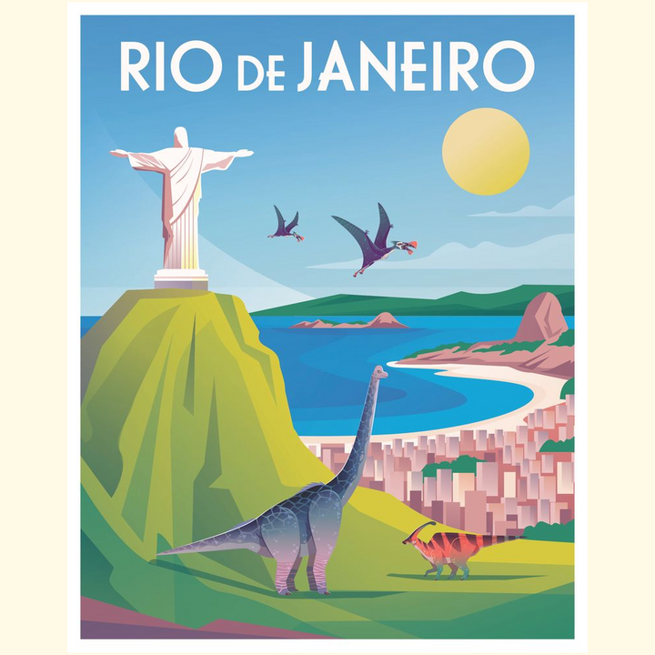 The Rio de Janeiro Poster by Jurassic Studio showcases vibrant dinosaur and pterosaur artwork with the Christ the Redeemer statue, city skyline, and coastline—ideal as a canvas poster to brighten any space.