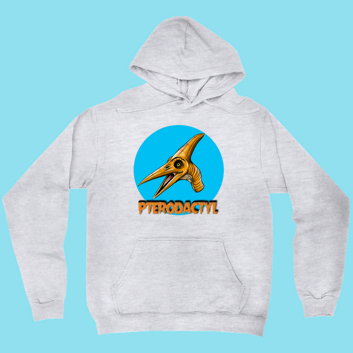 The Women Pterodactyl Head Hoodie by Jurassic Studio features a cartoon yellow pterodactyl head in a blue circle with bold orange “PTERODACTYL” text. Ideal unisex hoodie and gift for dinosaur fans, set on a solid light blue background.