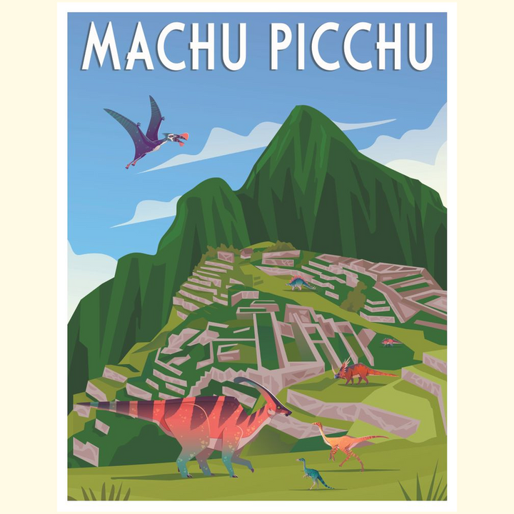 The Machu Picchu Poster by Jurassic Studio features dinosaurs and a flying pterosaur among the ruins, set against lush green mountains and a blue sky. MACHU PICCHU is written at the top—a must-have for dinosaur poster fans.