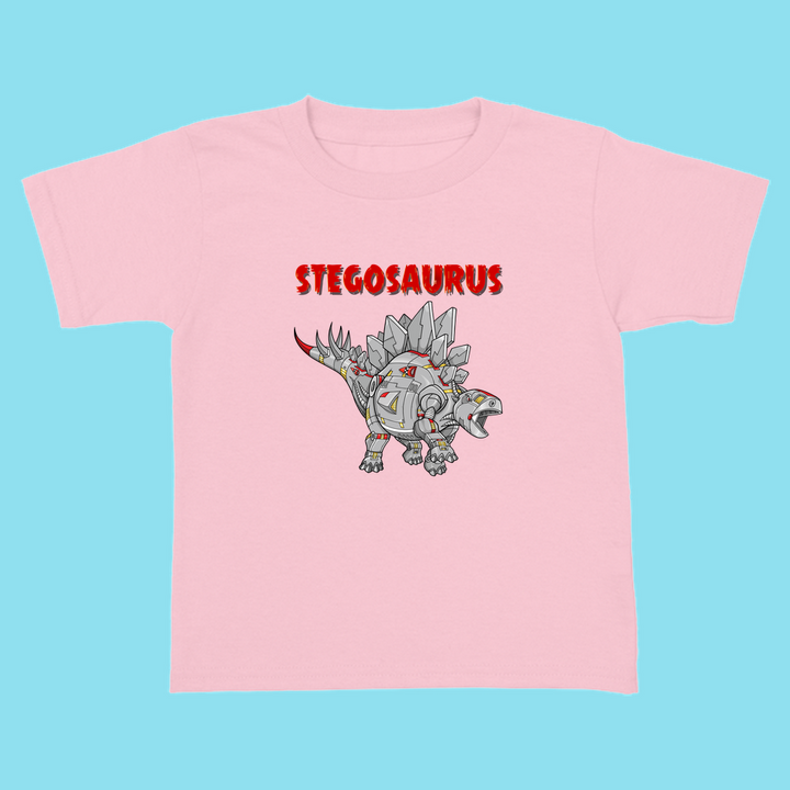 The Jurassic Studio Toddler Robot Stegosaurus T-Shirt features a pink cartoon robot stegosaurus under bold red “STEGOSAURUS” text on light blue—perfect for young dinosaur fans.