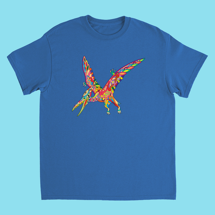 The Kids Pterodactyl Zentangle T-Shirt by Jurassic Studio features a blue tee with a vibrant, multicolored pterodactyl design—perfect for young dinosaur fans.
