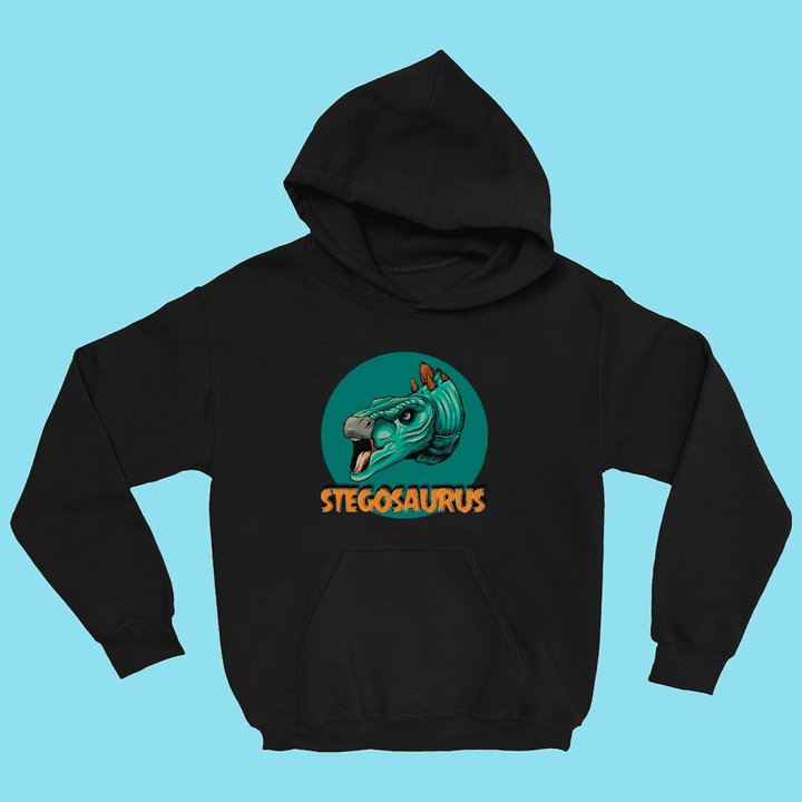 Jurassic Studio’s Kids Stegosaurus Head Hoodie features an illustrated stegosaurus head with orange “STEGOSAURUS” text on a light blue background—a fun choice for young dino fans!.