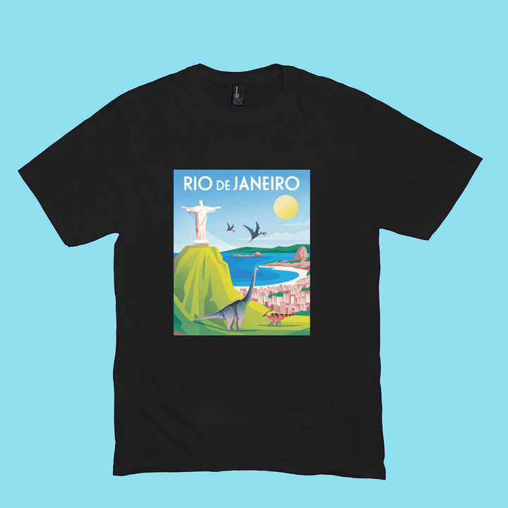 The Men Rio de Janeiro T-Shirt by Jurassic Studio features a vibrant Rio scene with Christ the Redeemer, beach, ocean, sun, and dinosaurs. “RIO DE JANEIRO” tops the design—an exclusive gift for dinosaur fans.