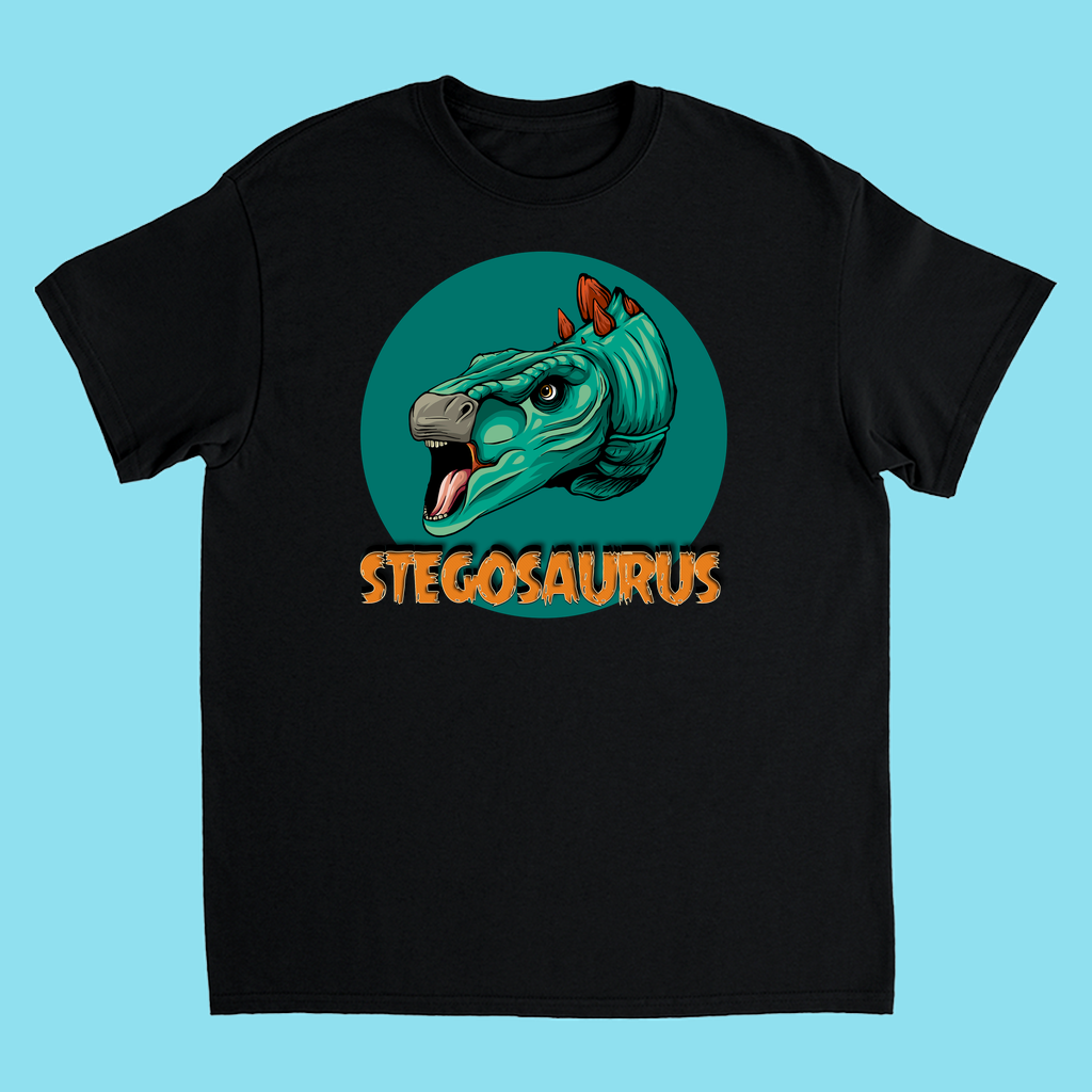 The Kids Stegosaurus Head T-Shirt by Jurassic Studio features a bold cartoon Stegosaurus head in a green circle with STEGOSAURUS in orange below on a light blue shirt—an exclusive gift for dino fans!.