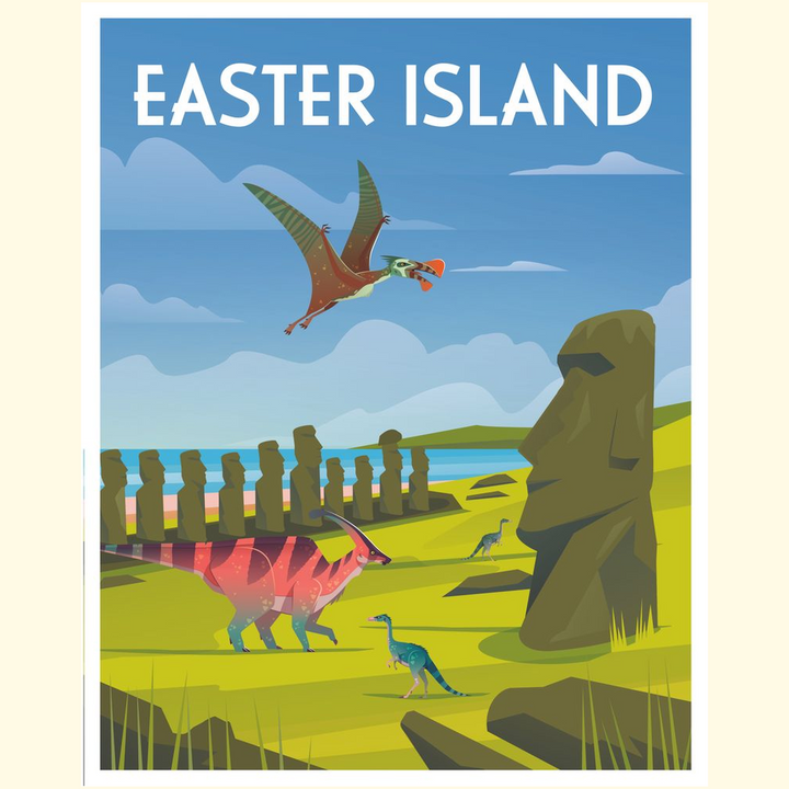 Jurassic Studios Easter Island Poster features colorful dinosaur art with Moai statues, a flying pterosaur, and Easter Island in bold letters beneath a blue sky.