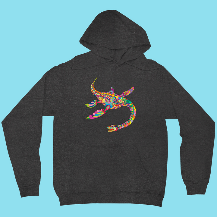 The Jurassic Studio Men Plesiosaurus Zentangle Hoodie is a dark gray unisex hoodie featuring a vibrant, detailed Plesiosaurus graphic on the chest with a bright blue background.