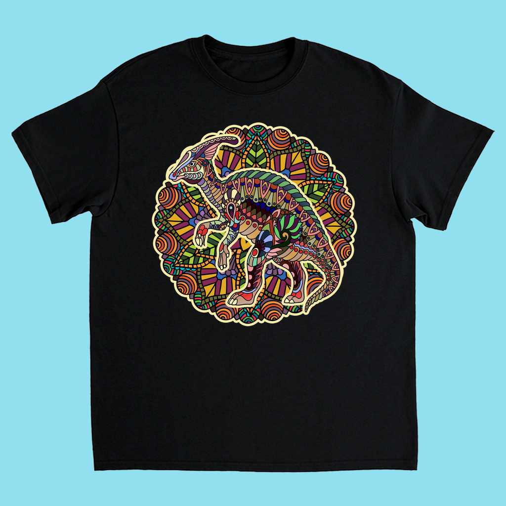 The Jurassic Studio Kids Hadrosaur Mandala T-Shirt features a vibrant hadrosaur dinosaur in a circular stained glass-style mandala graphic on a light blue background—an ideal gift for any young dino fan.