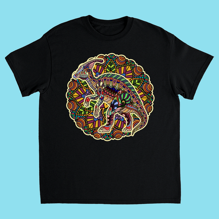 The Jurassic Studio Kids Hadrosaur Mandala T-Shirt features a vibrant hadrosaur dinosaur in a circular stained glass-style mandala graphic on a light blue background—an ideal gift for any young dino fan.