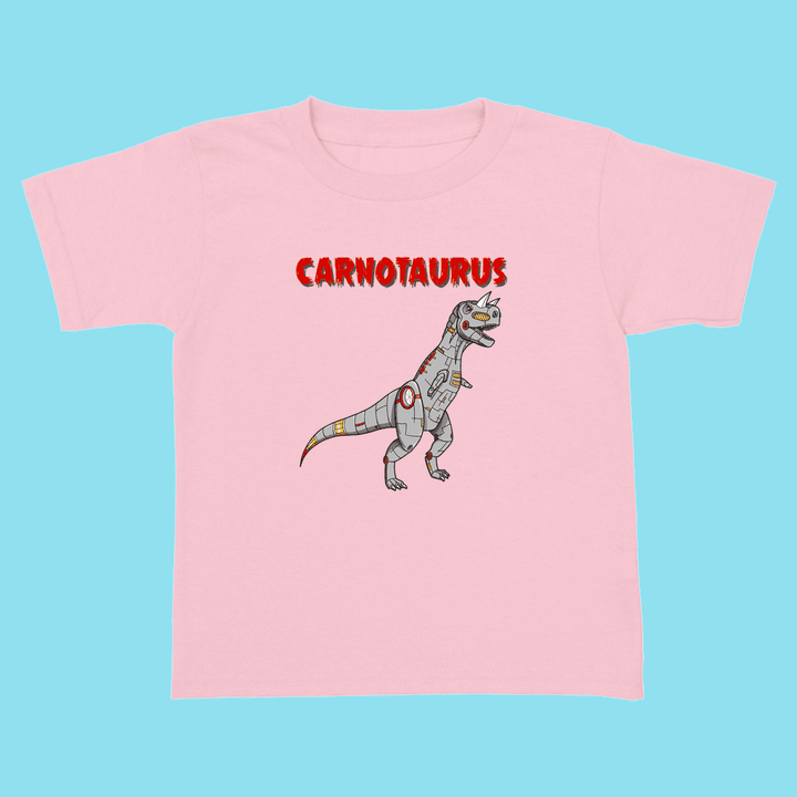 The Toddler Robot Carnotaurus T-Shirt by Jurassic Studio features a pink tee with a robotic dinosaur graphic and red CARNOTAURUS text on light blue—a unique gift for young dinosaur fans.
