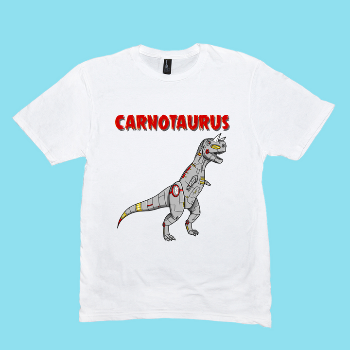 The Men Robot Carnotaurus T-Shirt by Jurassic Studio features a cartoon robot Carnotaurus and bold red CARNOTAURUS lettering on white—perfect for dinosaur fans and an exclusive gift.