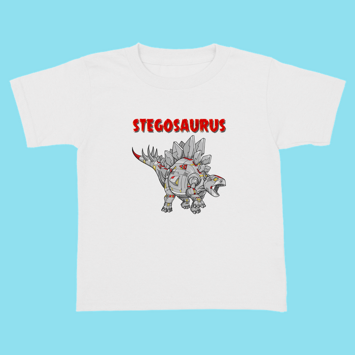 The Toddler Robot Stegosaurus T-Shirt from Jurassic Studio features a cute robot dino and bold STEGOSAURUS print—perfect for any little dinosaur fan!.