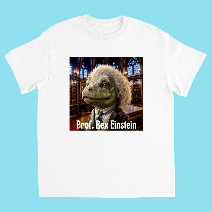 Jurassic Studio’s Kids Prof. Rex Einstein Bond T-Shirt: 100% cotton, light blue, features a dapper dinosaur with Einstein hair in a library and the caption “Prof. Rex Einstein.”.