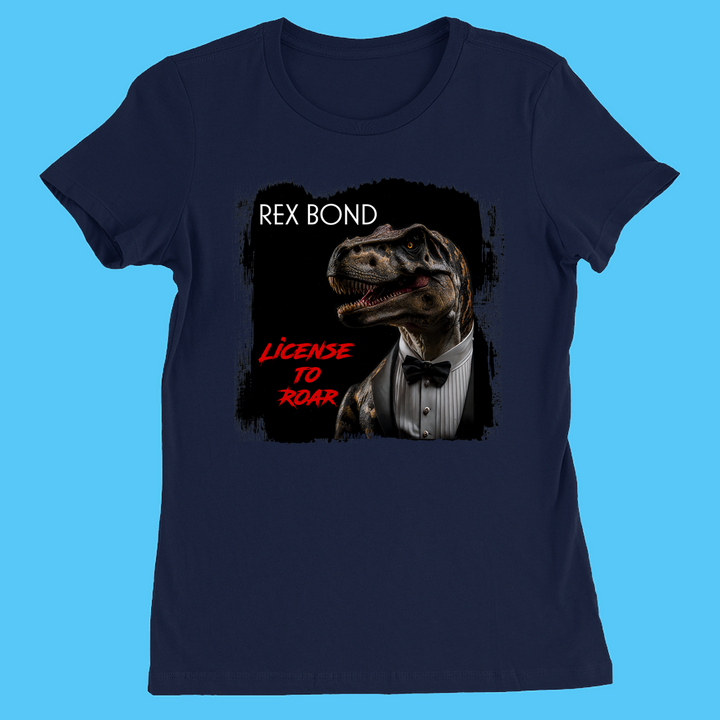 The Jurassic Studio Women Rex Bond T-Shirt in navy features a tuxedo-wearing T. rex with Rex Bond above and License to Roar below in red, styled like a James Bond poster—an exclusive, fun dinosaur fan gift.