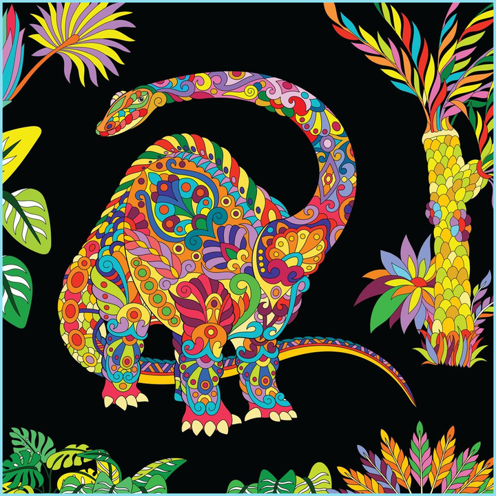 The Brontosaurus Zentangle Poster by Jurassic Studio features a vibrant, multicolored dinosaur with intricate swirling patterns and floral motifs among tropical plants, set against a black background—perfect for a striking canvas display.