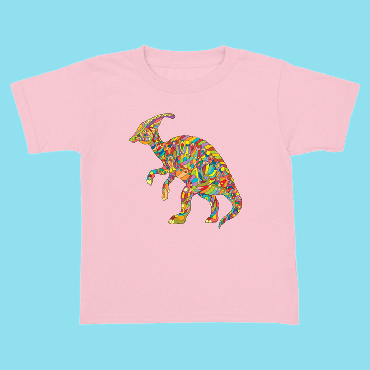 The Jurassic Studio Toddler Hadrosaur Zentangle T-Shirt is a light pink, 100% cotton tee with a colorful abstract Parasaurolophus design on light blue—ideal for dino-loving toddlers.