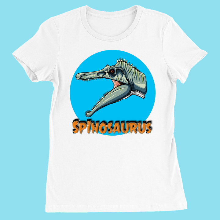 Jurassic Studio Women Spinosaurus Head T-Shirt: features a cartoon Spinosaurus head in a blue circle with bold orange SPINOSAURUS text—perfect gift for dinosaur fans or as a Jurassic Studio exclusive.