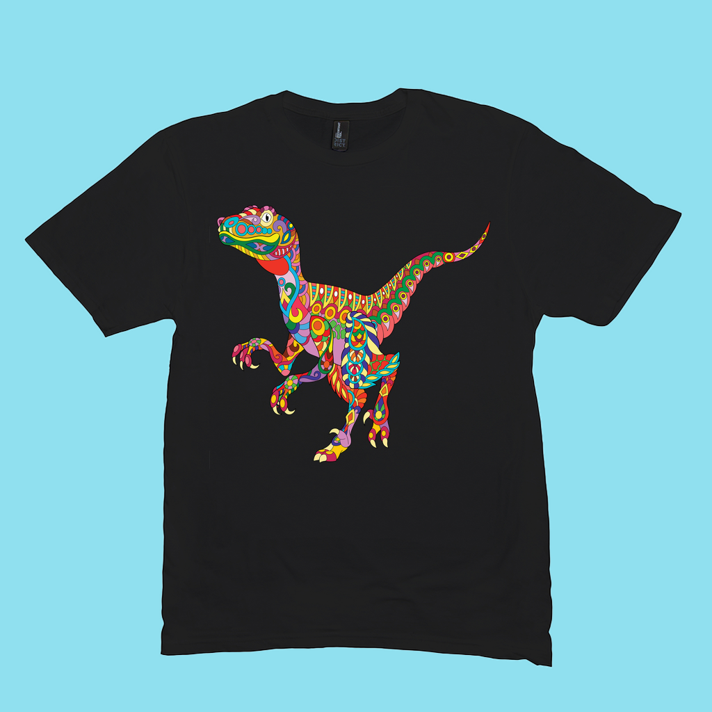The Men Velociraptor Zentangle T-Shirt by Jurassic Studio features a black tee with a vibrant, abstract dinosaur illustration in red, yellow, green, and blue on a light blue background.