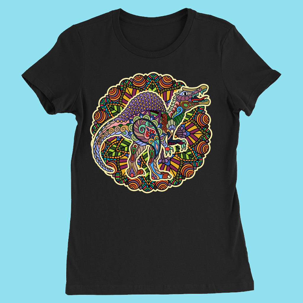 The Women Spinosaurus Mandala T-Shirt by Jurassic Studio showcases a colorful mandala design with bold geometric shapes—a unique gift for dinosaur fans and a Jurassic Studio exclusive.