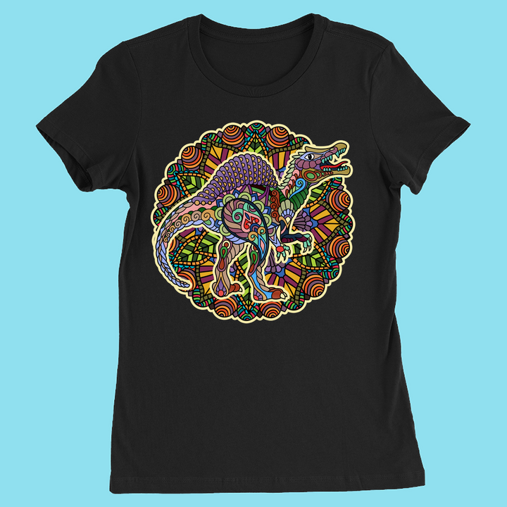 The Women Spinosaurus Mandala T-Shirt by Jurassic Studio showcases a colorful mandala design with bold geometric shapes—a unique gift for dinosaur fans and a Jurassic Studio exclusive.